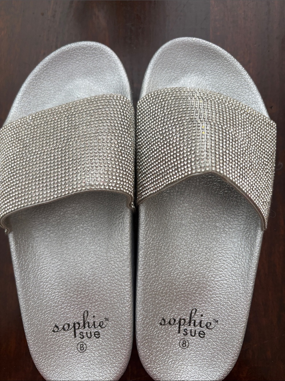Sophie Rue Metallic Silver Rhinestone Slide Sandals